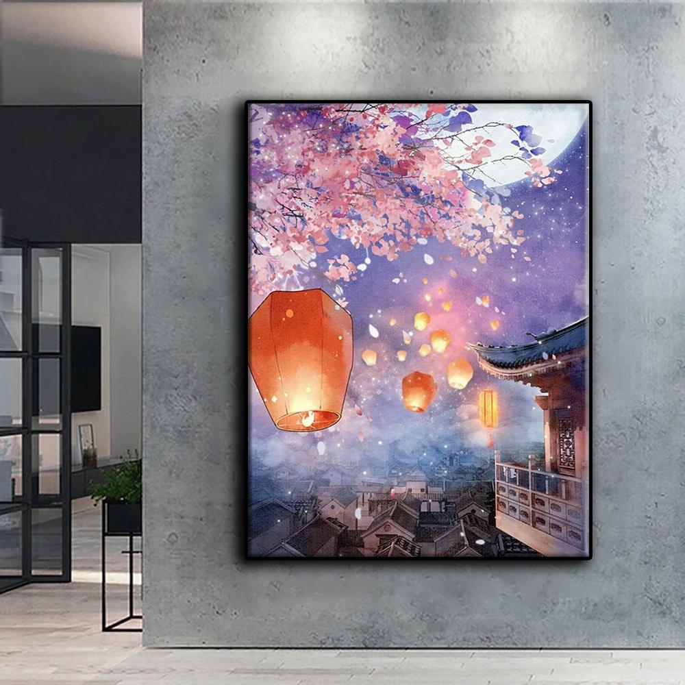 Korsstingsett gjør-det-selv-diamantbroderi Thaise lampion og lotusblomstlys diamantmaleri hjemmeinnredning