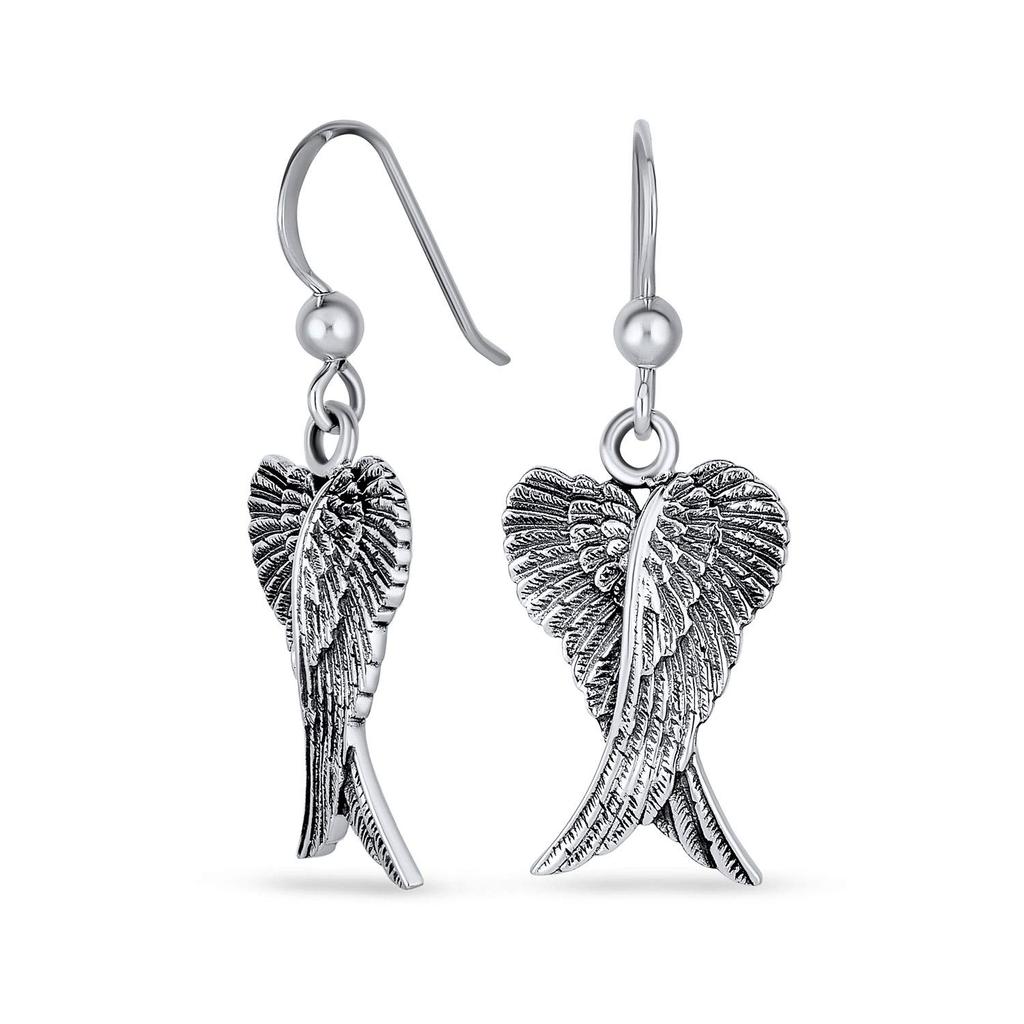 Jewelry Set Amulet Feather Heart Guardian Angel Wing Pendant Necklace Dangle Earrings Teen Entique Style for 925 sterling silver Women.