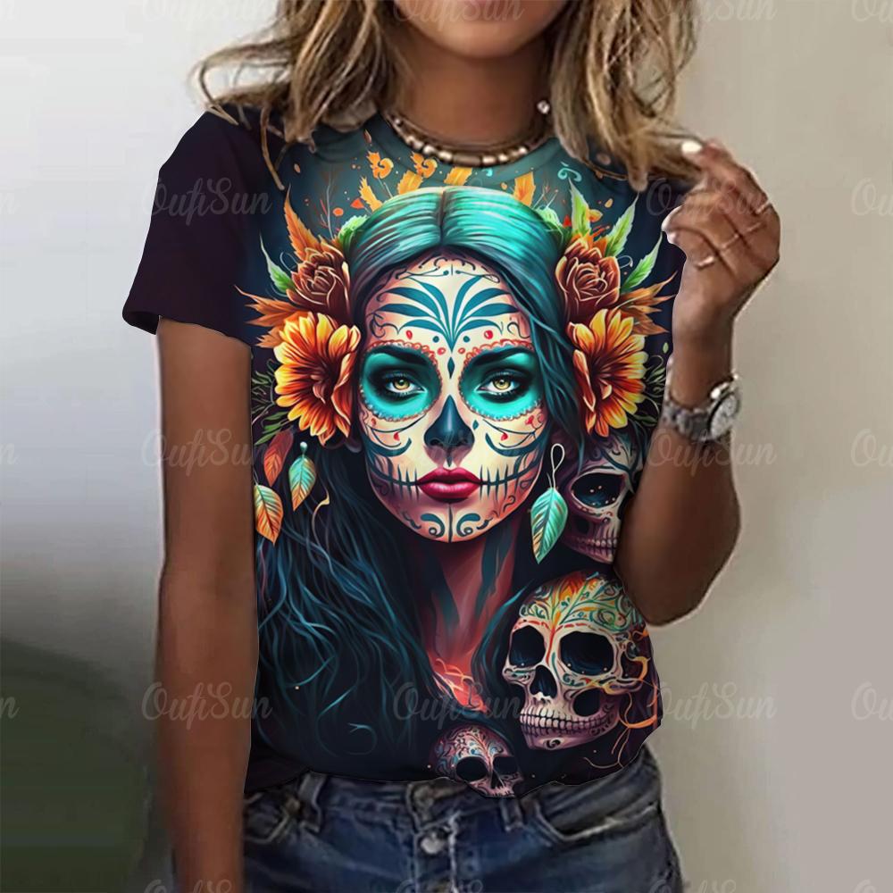 Women Skull Print T-Shirt For Print Harajuku Short Sleeve Tops Autumn O Neck Oversized Sweater Female Casual Clothes