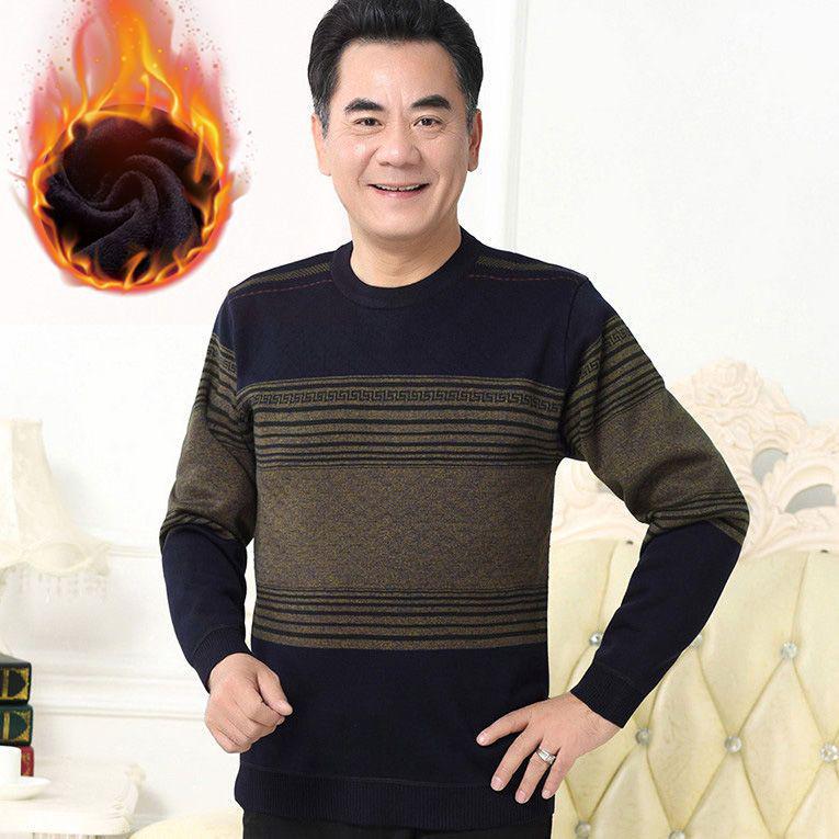 Men's Thick Fleece-Lined Sweater - Grandpa Style, Round Neck, Perfect for Winter Warmth