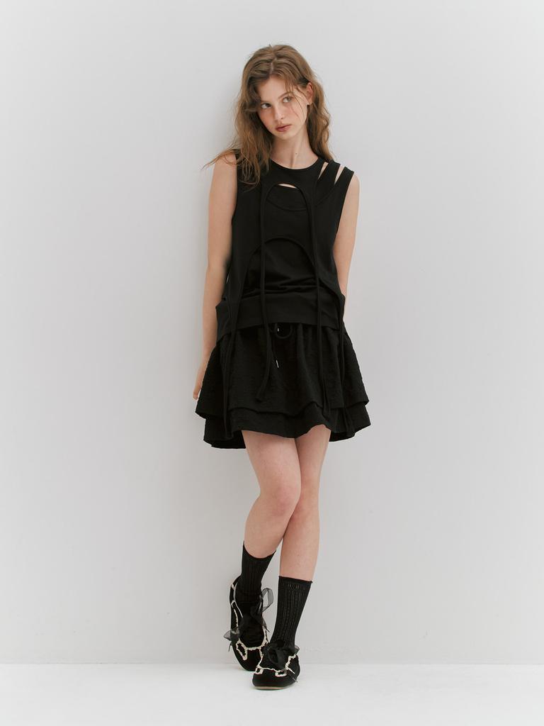 Minderly Flower Shirring Layered Skirt - Black