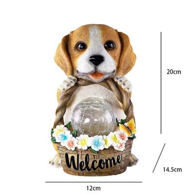 Resin Solar Garden Dog Statue with Flower Basket and Glowing Orb Light for Patio Lawn Balcony Yard Outdoor Use