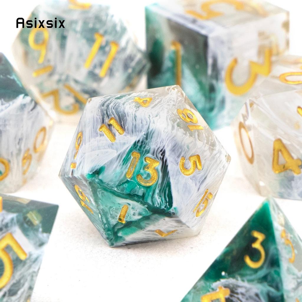7 Pcs Green White Golden Number Sharp Edge Resin Dice Polyhedral Dice Suitable for Role-Playing RPG Board Game