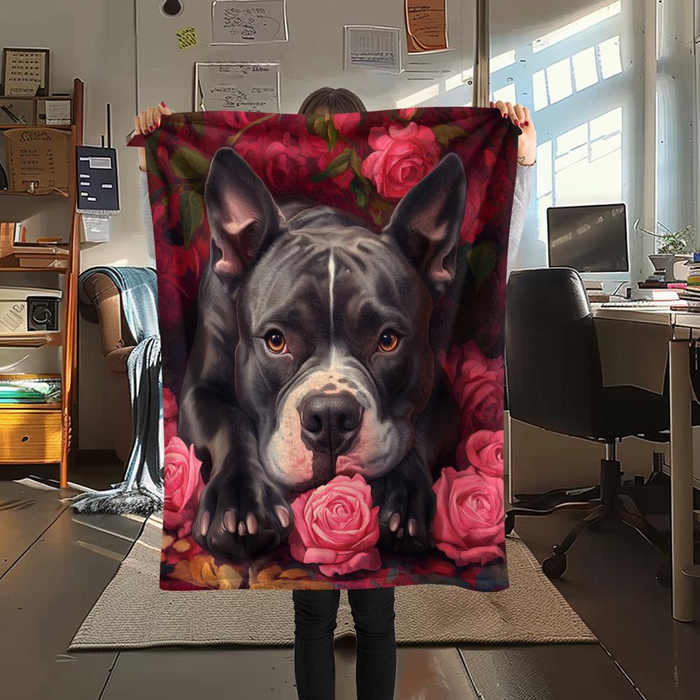 Pitbull a růže, vzor Flanelová deka, Vysoká kvalita, Pohodlná pro všechna roční období, Domácí dekorace, Teplo a pohodlí, Ideální pro dárky.