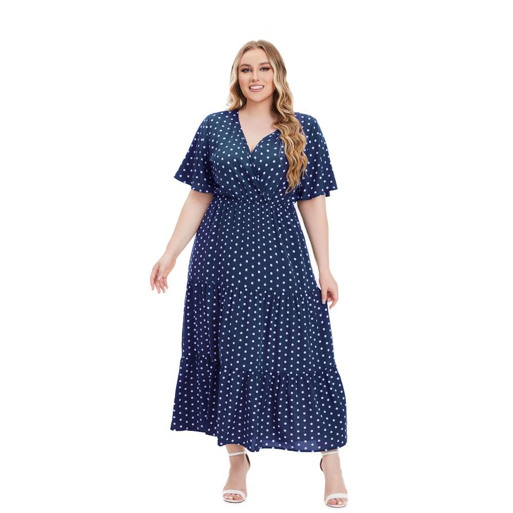 Sommerliches Polka Dot-Kleid in Übergröße mit V-Ausschnitt und kurzen Ärmeln im europäischen und amerikanischen Stil