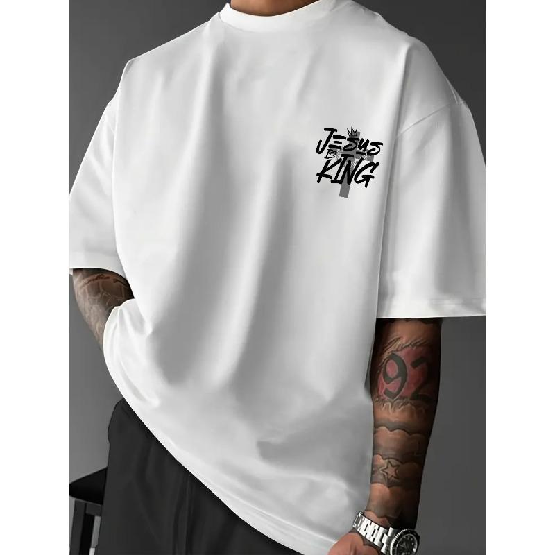 European Size European and American Style Men's Graphic T-Shirt | 'JESUS IS KING' Slogan + Bible Verse Quote Print, Casual Dating