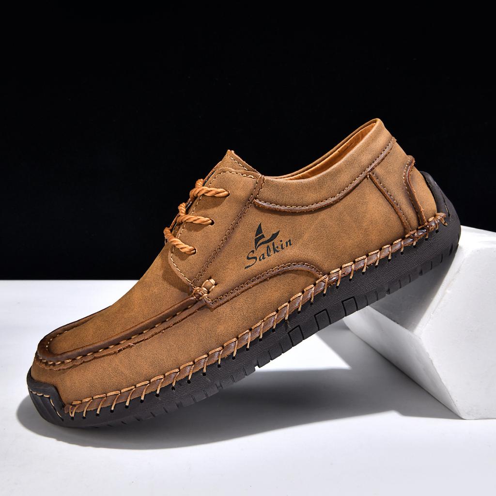 Men's Hand Stitched Casual Leather Shoes Vintage Lace Up Wide Toe Soft Sole Breathable Loafers British Style Driving Shoes