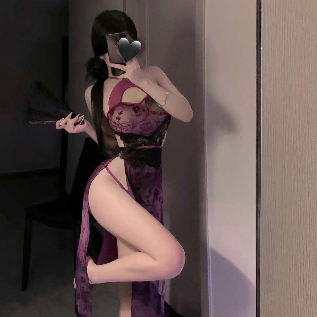 New national style backless cheongsam skirt women's new Chinese dress perspective sex underwear pure desire lace-up nightdress