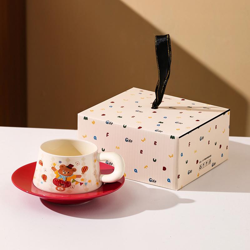 Zirkus Keramik Kaffeetasse Saucenöffnung Event Geschenkset Cartoon Bär Blume Teetasse Zeichnungstasse Souvenir 300ml