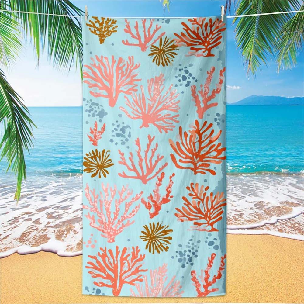 1PC Coral & Exotic Ocean Print Beach Bath Towel, Ideal for Pool, Yoga, Picnic and Camping