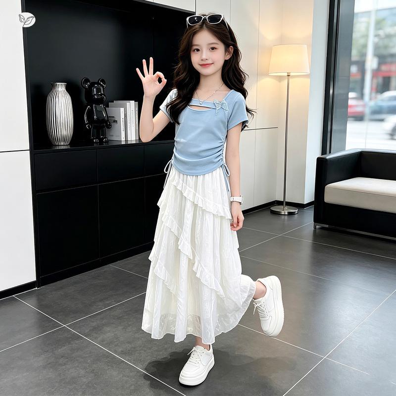 Girls' Summer 2026 Set: Drawstring T-shirt & Irregular Lace High-Waist A-line Skirt