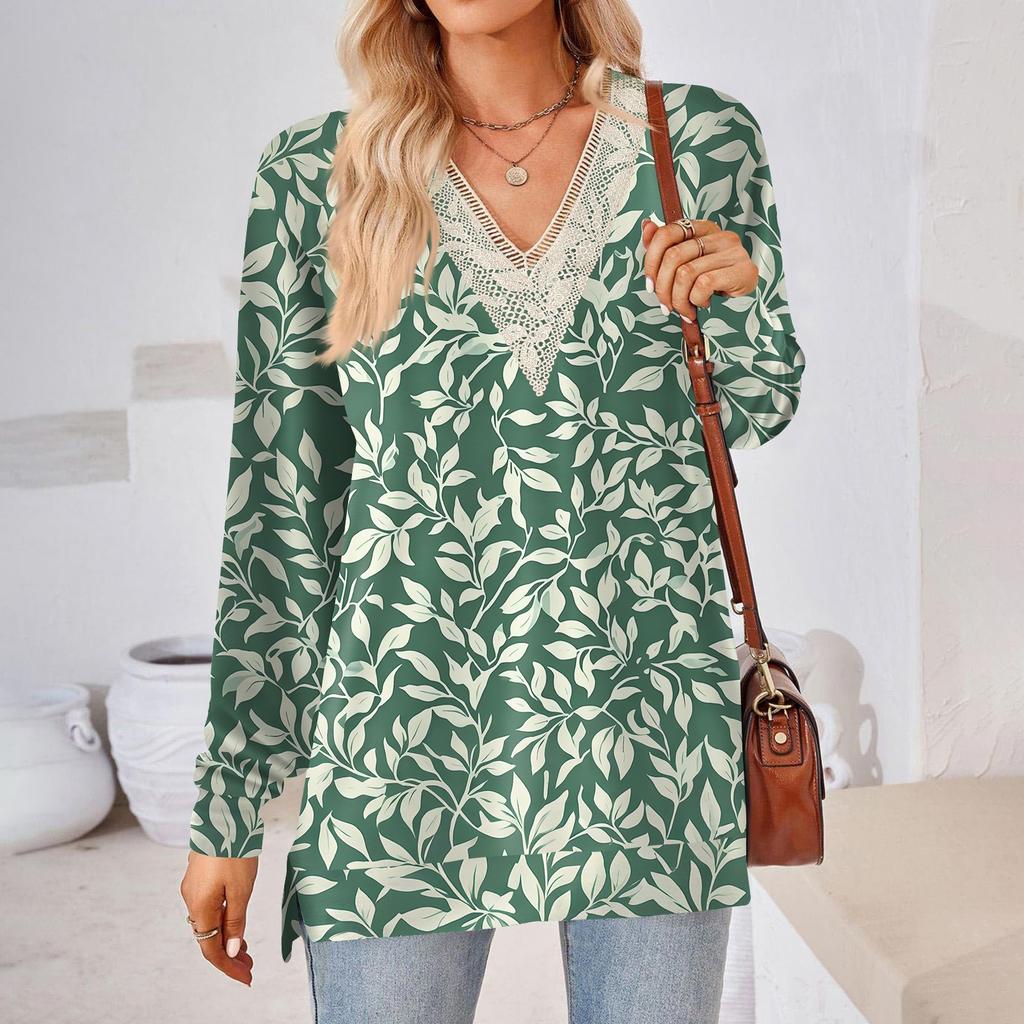 Womens Tops Loose V-neck Contrast Color Split Loose Long Sleeve T-shirt Women's Tops