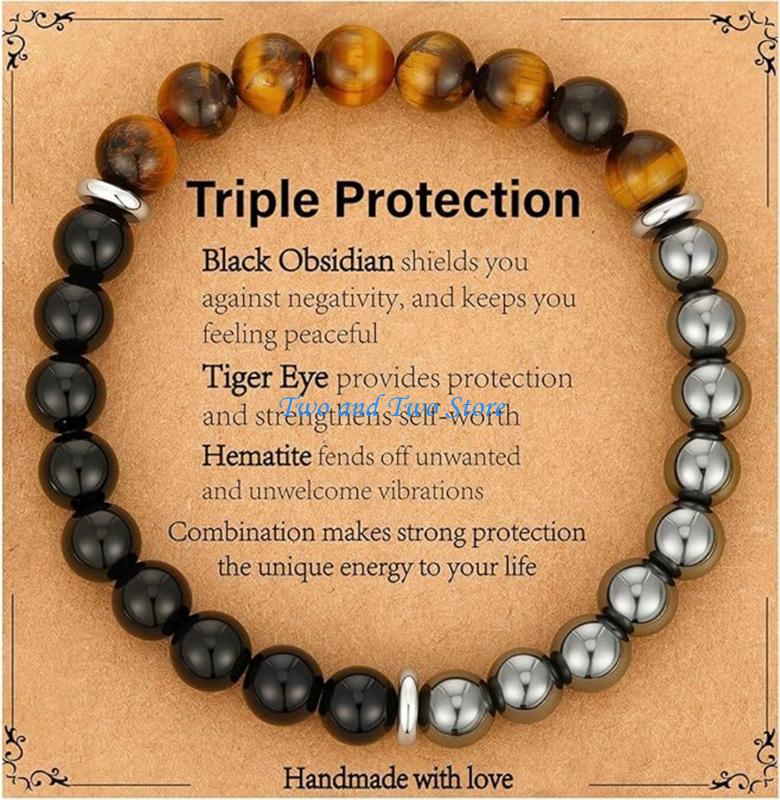 HX6F Unisex Adjustable Tigers Eye Obsidians Bracelet Handmade Stretchable Stone Bead Jewelry