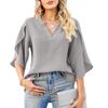 Summer V-neck Loose Casual Office Women Blouse Elegant Petal Short Sleeve Ruffled Chiffon Top Fashion Female Solid Color Simple Shirts Women Vlothing