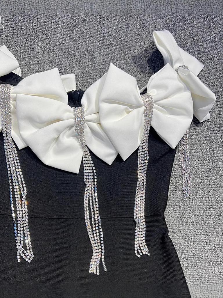 Elegant Cross-Border Evening Gown with Off-Shoulder Bow & Diamond Tassel