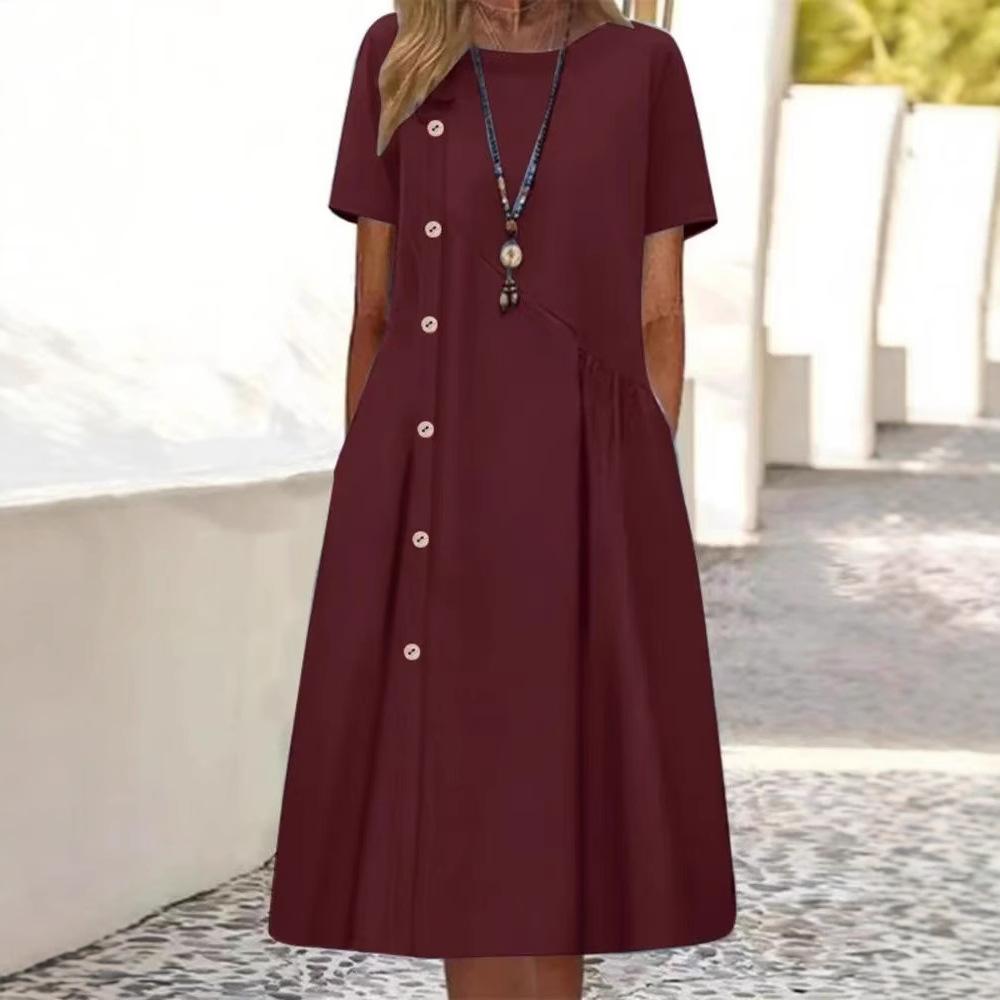 Women's Fashion Summer Spring Solid Color Print Short Sleeve O-Neck High Waist Casual Dresses