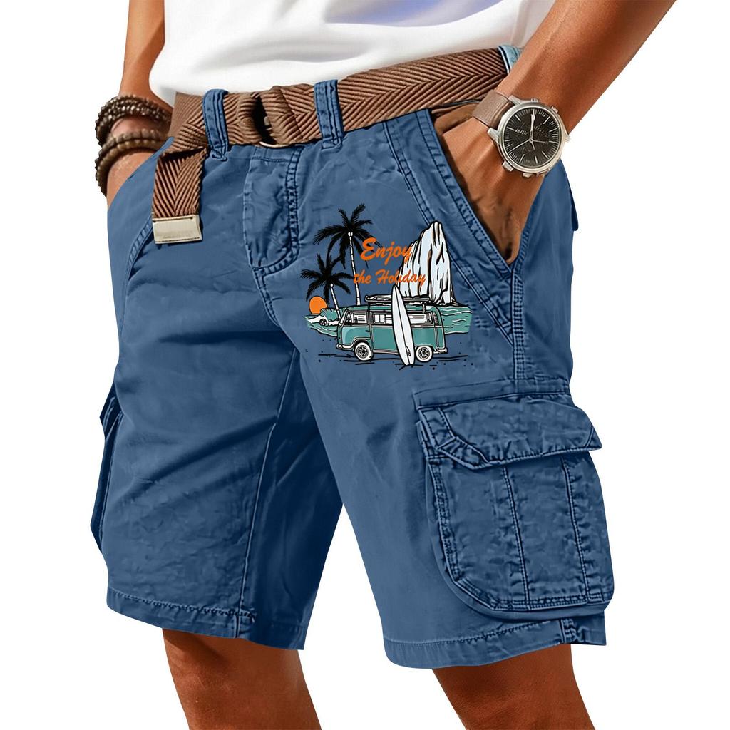 Men's Summer Printed Casual Multi Pocket Cargo Shorts Without Belt Loose Fit Cotton Fabric Classic Style