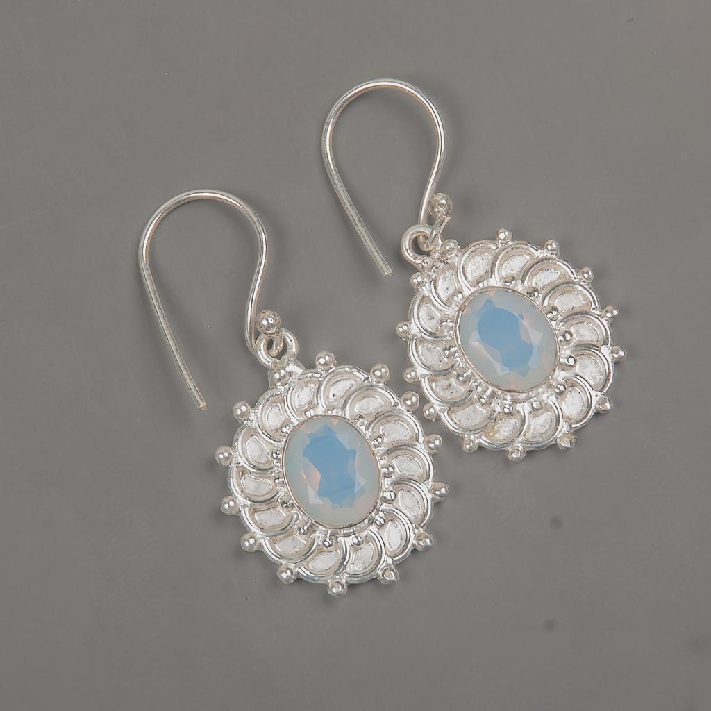 Milky Opal Gemstone 925 Sterling Silver Handmade White Stone Earrings 1.59" Jewelry Gift For Engagement EE-94-17