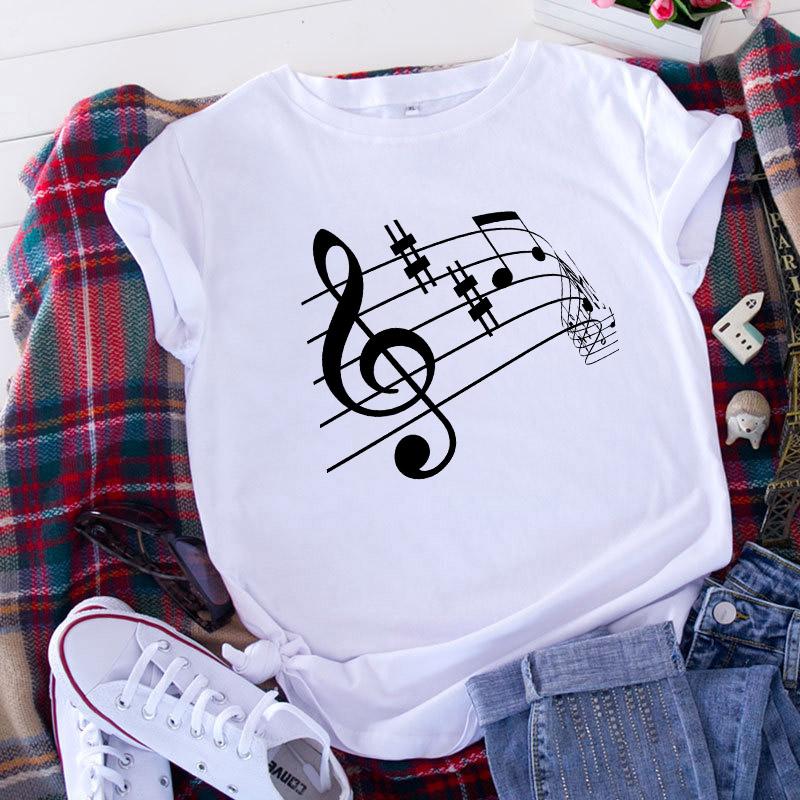 Women T Shirt 2025 Graphic Musical Note Print Cute 90S Summer Lady Clothes Tops Tees Harajuku Short Sleeve Female T-Shirt 2025