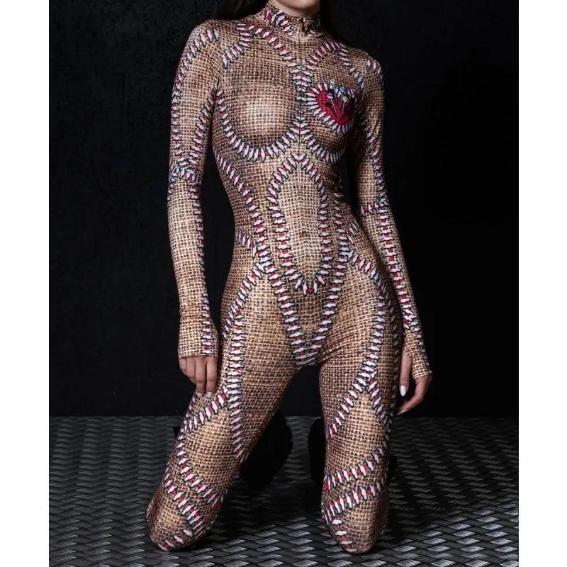 Damski Halloweenowy Kombinezon Body z Długim Rękawem z Nadrukiem Cyfrowym Slim Kostium Cosplay