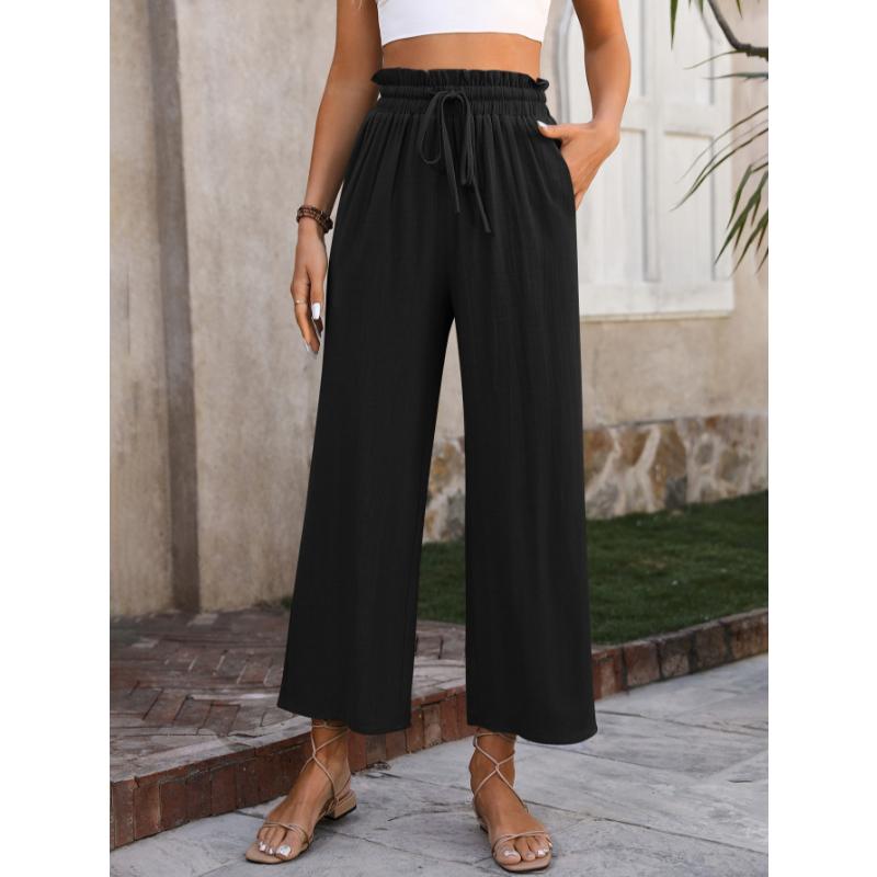New Women's Solid Color Cotton Linen Wide Leg Pants, High Waist Elastic Drawstring Casual Trousers for Spring Summer