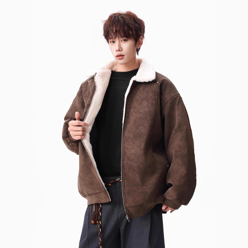 Men's Winter Barn Style Lambswool Cotton PU Leather Jacket, Thickened Warm Street Cool Workwear Coat