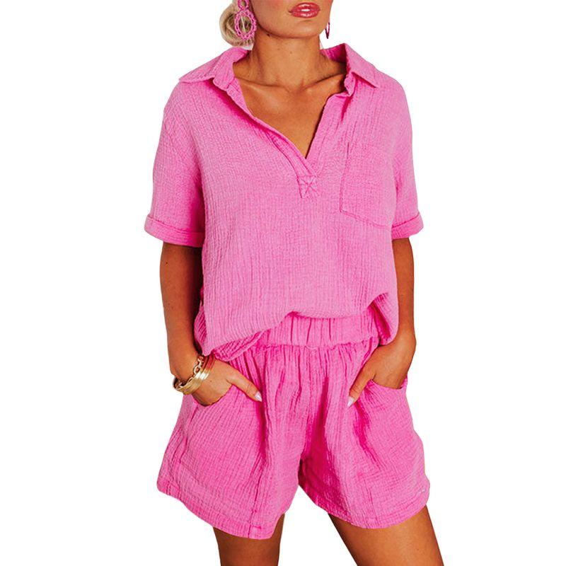 

US Shiying Solid Sports Style Fashion Set Women 2025 Summer New Short sleeve Shorts Two-piece Set Women Rose Red Size M fit (55.00 kg-62.50 kg