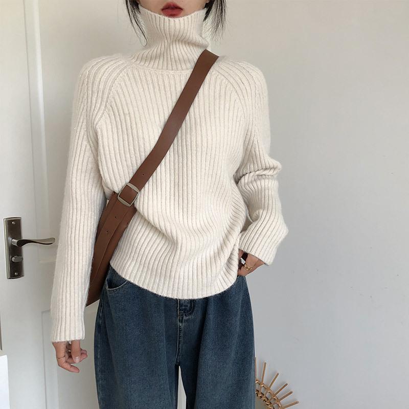 Women's Slim-Fit Ribbed High Neck Sweater - Solid Color Knit Top for Autumn/Winter