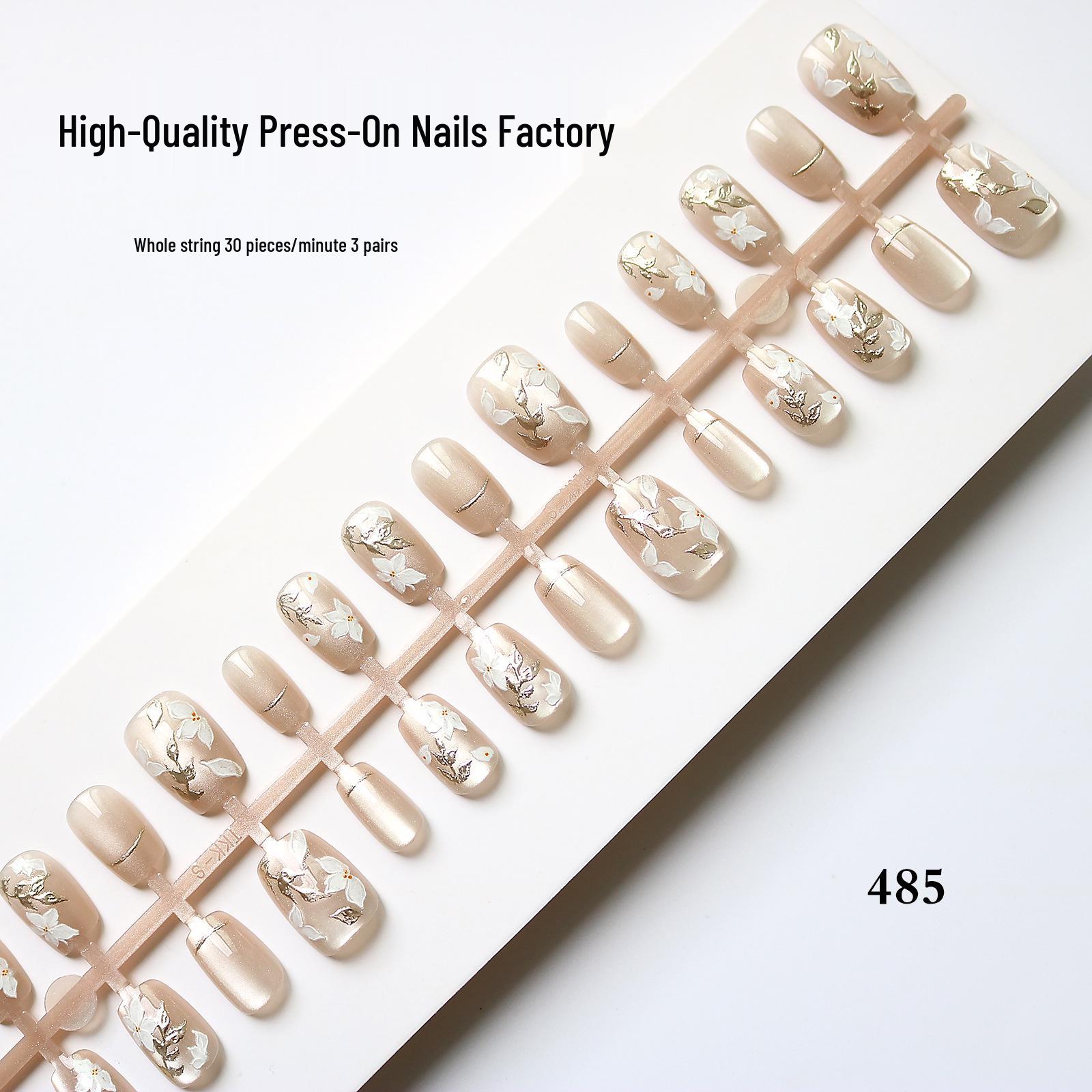 Dreamy Gold & White Moonlight Glass Cat Eye Nail Tips - Elegant Gilded Ice & Transparent Flower Art Design.