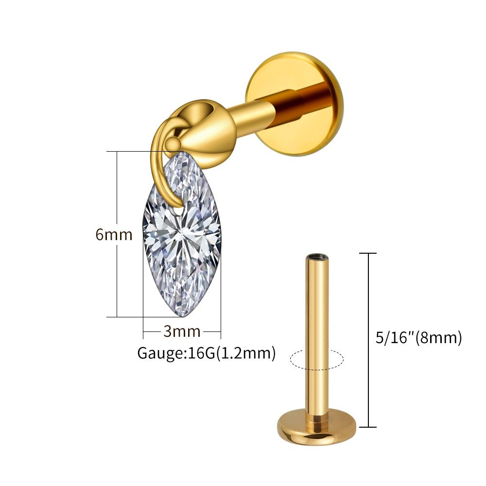 

Right Grand ASTM F136 Titanium 16G Floating Marquise CZ Dangle Charm Lip Stud Earring Tragus Cartilage Helix Flat Back Piercing