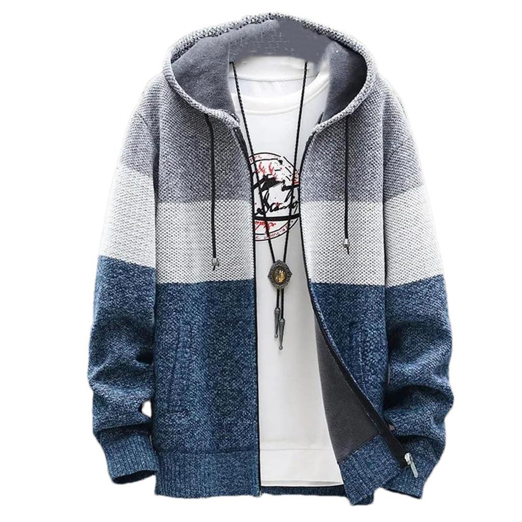 Men’S Fleece Lined Hooded Sweatercoat Striped Turn-Down Collar Long Sleeve Full Zip Knitted Trenchcoa