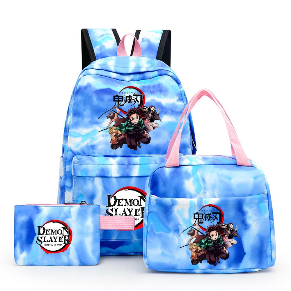 3Pcs/set Anime Demon Slayer Printed Backpack with Lunch Bag Pencil Case for Teenager Waterproof Bookbag Travel Bag Gift