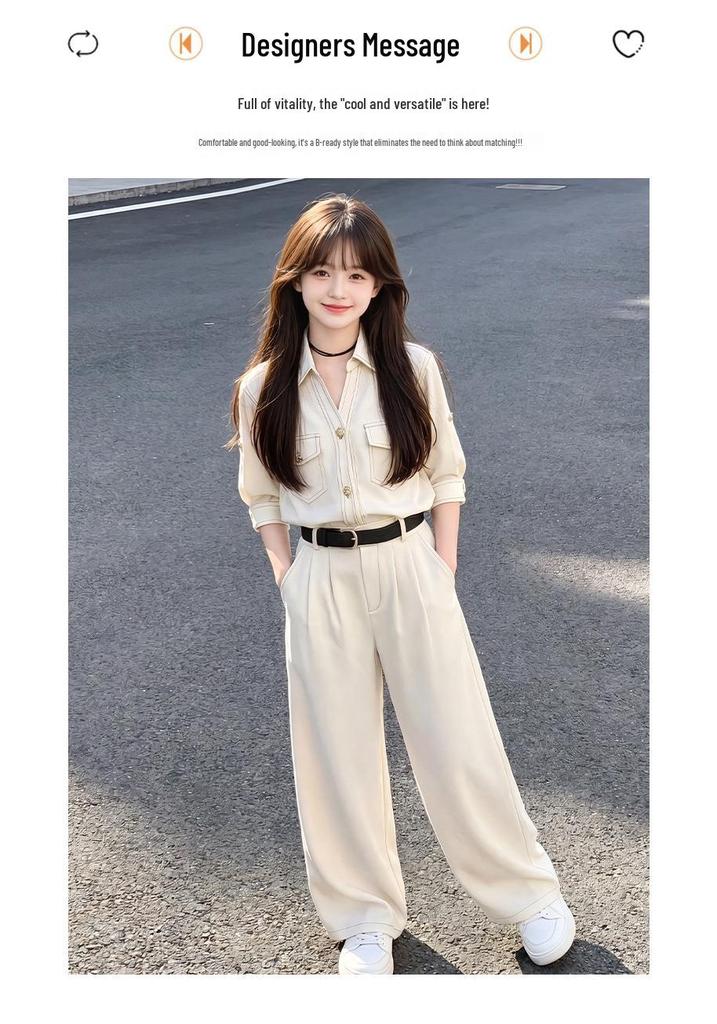 2026 New Girls' Korean Style Suit Set: Mid-Sleeve Shirt & Wide-Leg Pants for Summer