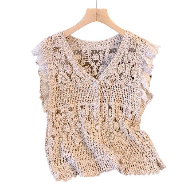 Francouzské volánové rukávy Vykrojený Háčkovaný Bez rukávů Pletený Svršek Vesta Kardigan Krátký Top pro Ženy V Létě