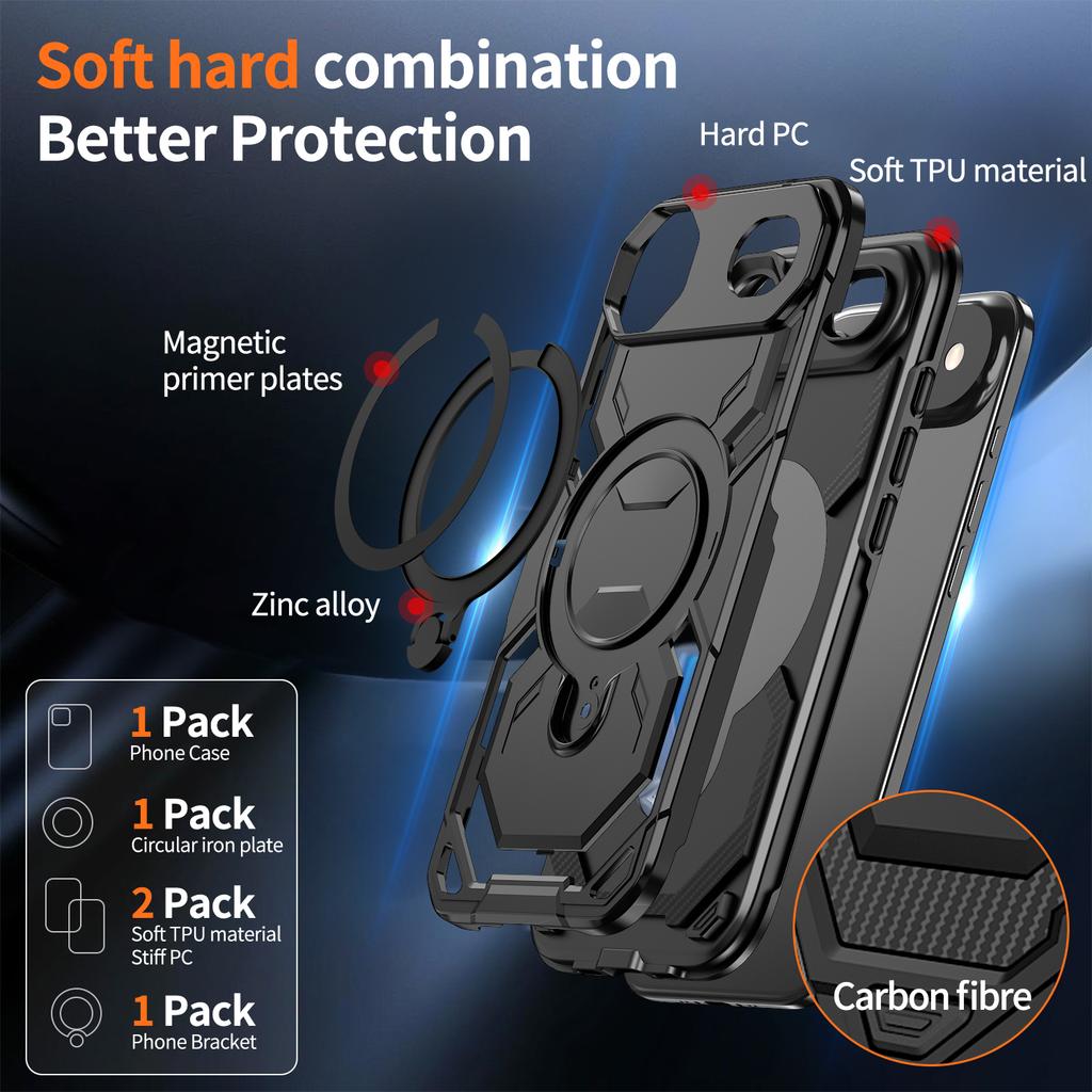 Pro iPhone Air Magnetický kryt s kroužkem a stojánkem, hybridní kryt telefonu PC + TPU