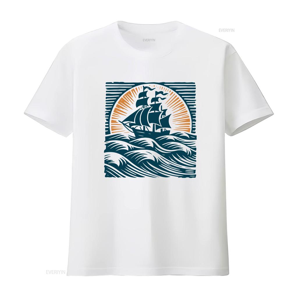 Vintage Nautical Sailing Ship Sunset Ocean Wave Print Casual T Shirt Vintage Washed Designer Clothes Stretched Unisex