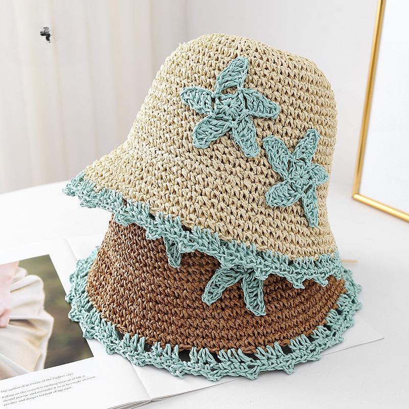 New Contrasting Color Star Big Brim Woven Straw Hat Women's Sunscreen Sunshade Sun Hat Beach Bucket Hat