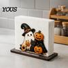 Kitchen Table Decor Halloween Wooden Napkin Holder for Table, Ghost Pumpkin Black Cat Standing Dispenser, Paper Towel Stand Dining Decorative