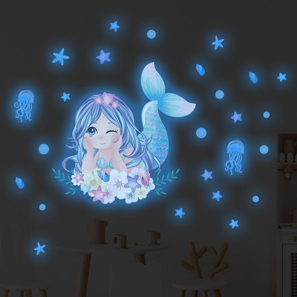 Luminous Fairy Mermaid Wall Stickers Kids Bedroom Home Decor Glow In The Dark Fairy Butterfly Decal Stickers Switch Wallpaper