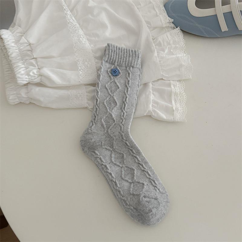 Female Autumn and Winter Thickened Warm Solid Color Button Sweet Hemp Pattern Wool Tube Pile Socks