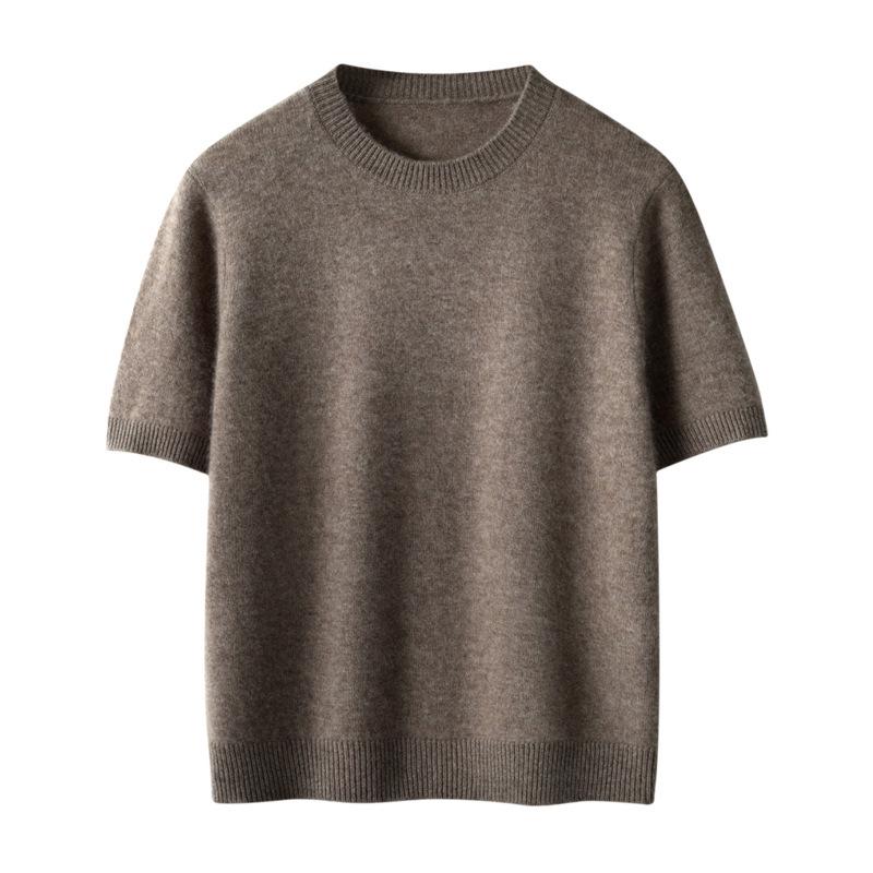 Solid Color Cashmere Blend Sweater, Lightweight, Short-Sleeved, Round Neck, Relaxed Fit, Five-Point Sleeves, Ideal for Layering