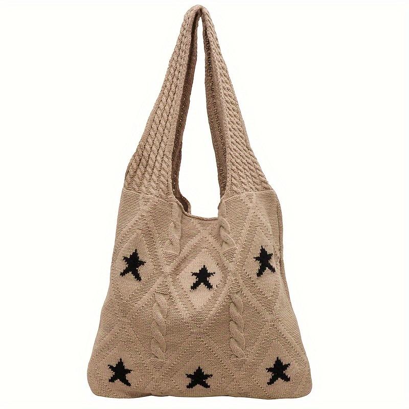 

Star Pattern Knitted Tote Bag, Aesthetic Crochet Bag for Women, Retro Woven for Travel Beach хаки