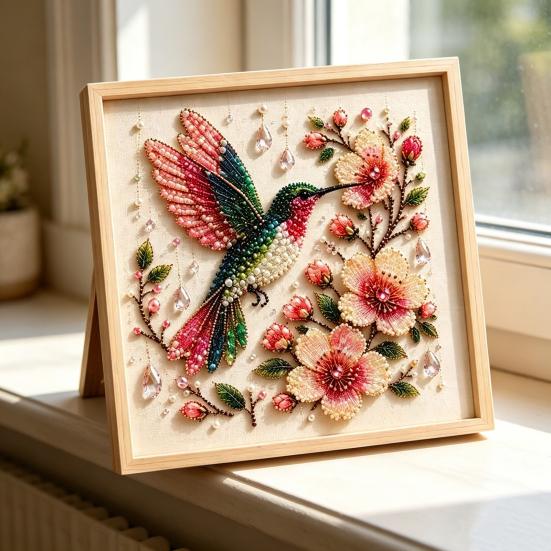 Hummingbird Bead Embroidery Kit, DIY Pearl Art Painting, with Crystal Beads Floral Designs Craft, for Adults Beginners