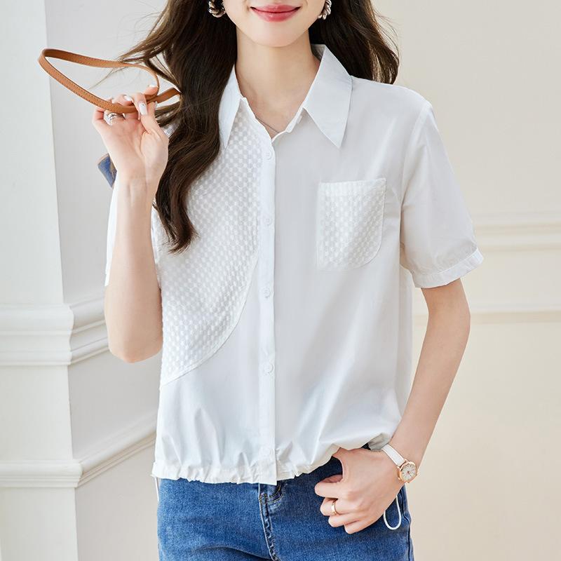 

Летняя хлопковая рубашка с лацканами и коротким рукавом, женская тонкая, омолаживающая, офисная, универсальный топ XXL белый