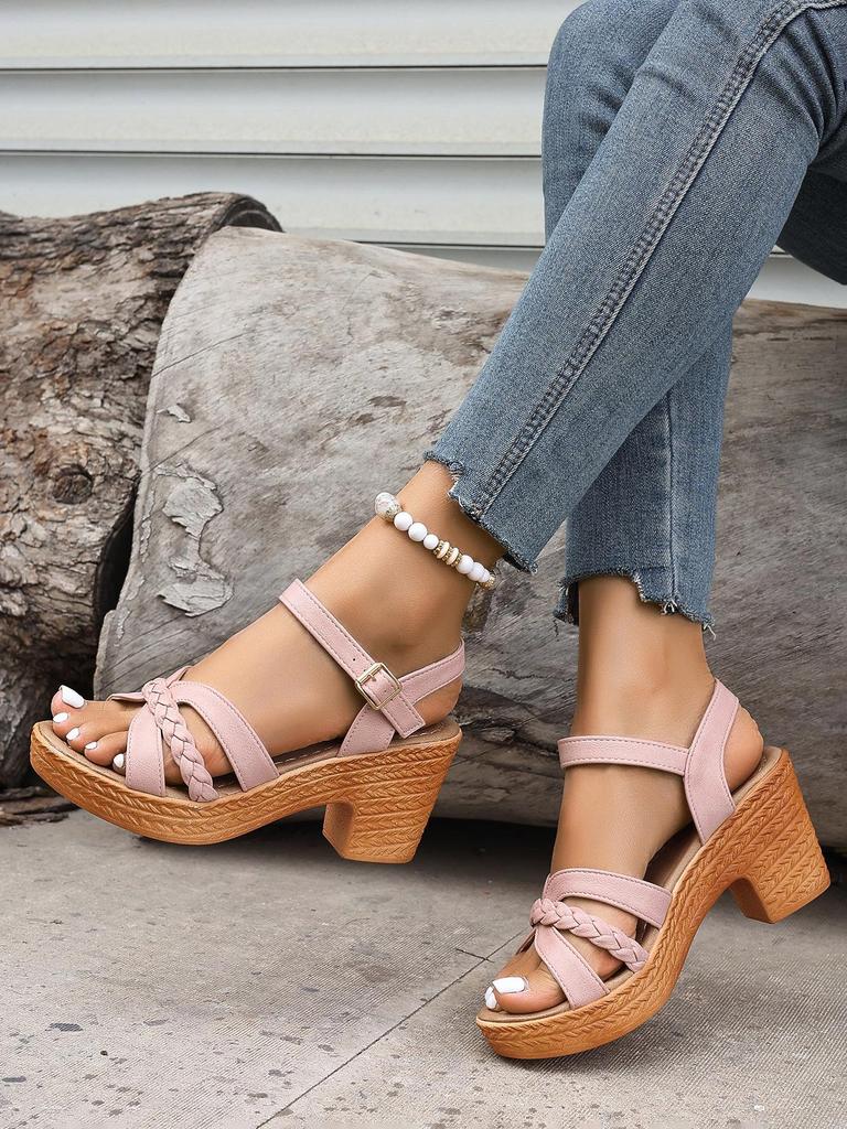 2024 Summer Women's Chunky Heel Sandals: Round & Open Toe with One-Strap Buckle, Plus Size Fashion High Heels.