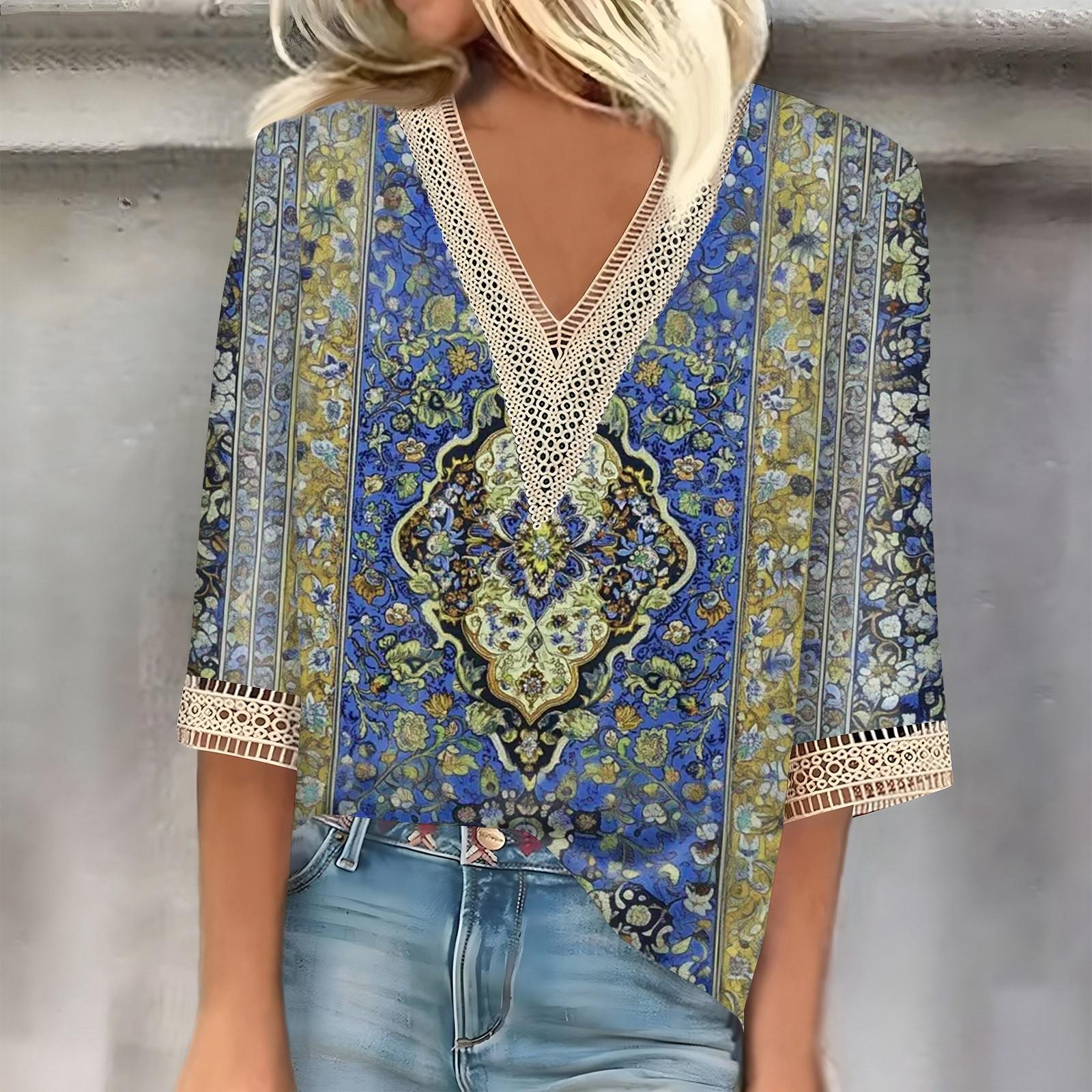 

Женский кружевной топ с винтажным принтом и рукавами три четверти L синий