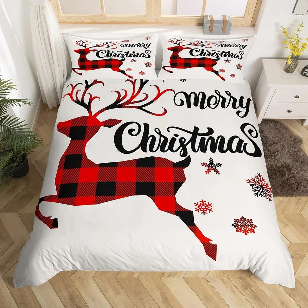 Comforter Merry Christmas Red Buffalo Checked Rustic Truck Comforter plaid Xmas Tree Elk Deer Snowflake Bedding Sets