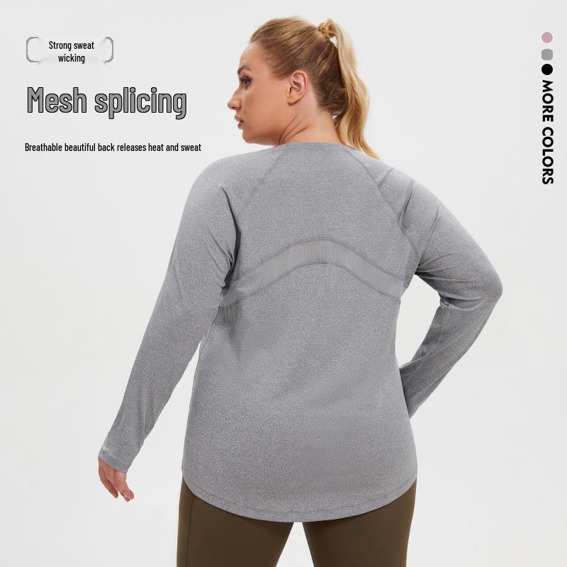 Women's Plus Size Mesh Patchwork Moisture-Wicking Long Sleeve Yoga Top
