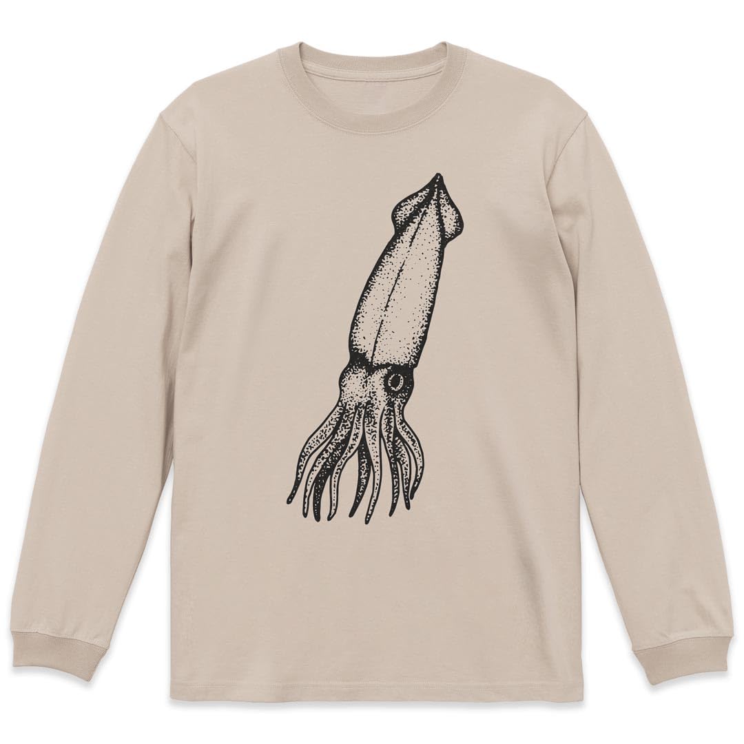 

Long Sleeve Stylish Crew Sand Ocean Squid Design [igsticker] T-Shirt, Men s/Women s, Neck, Print, Beige, Unisex, 032240,