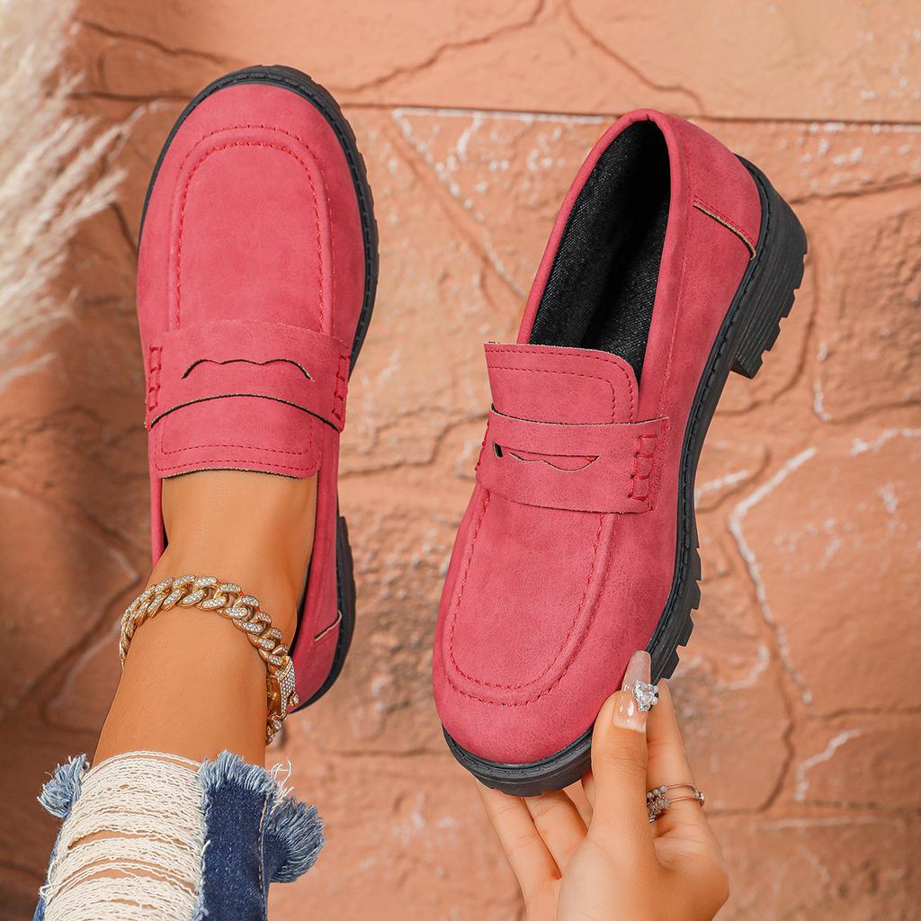 Damen Loafer mit breiter Weite und Plateau, Flats mit Blockabsatz im britischen Stil, Vintage Freizeitschuhe für Damen